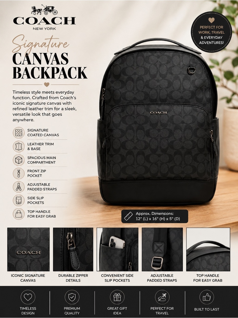 Coach 𝐍𝐖𝐓 Black Signature Canvas Backpack with Leather Trim NEW